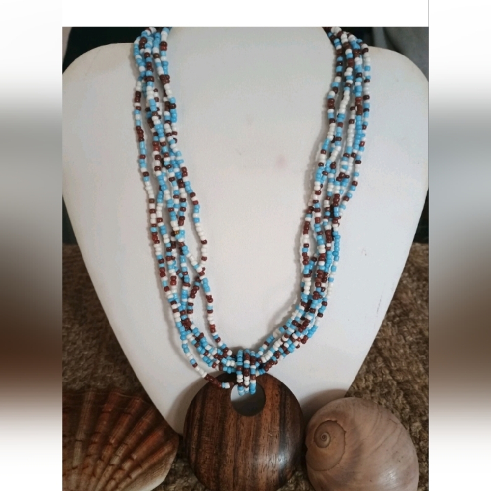 Turquoise Beaded Necklace with Wooden Pendant Festival Boho Cottagecore